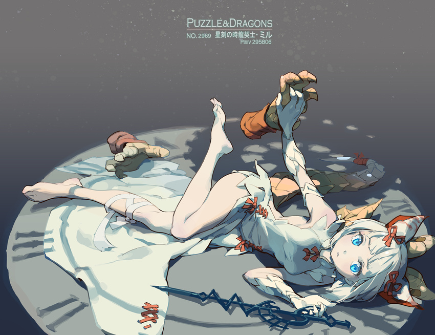 bandages bare_legs bare_shoulders barefoot blonde_hair blue_eyes claws commentary_request dragon_girl dragon_horns dragon_tail dragon_wings dress elbow_gloves female gloves hair_ribbon highres horns looking_at_viewer lying myr_(p&d) on_side photoshop_(medium) puzzle_&_dragons ribbon short_hair sideless_outfit solo sword tail tennohi weapon white_dress white_gloves wings