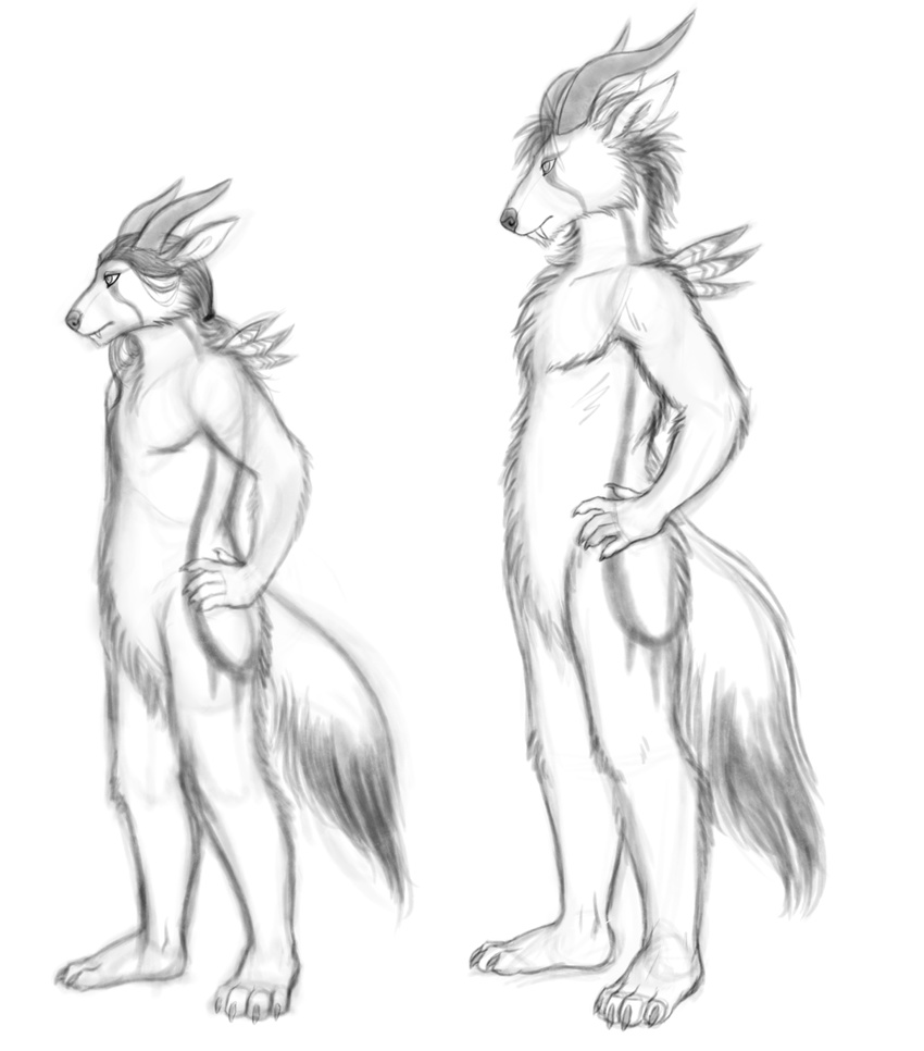 2015 anthro better_version_at_source conditional_dnp digital_media_(artwork) duo fangs feathers female full-length_portrait fur greyscale hi_res highland_psycrhen horn legacy_(ratte) male monochrome nude portrait psycrhen ratte simple_background teeth