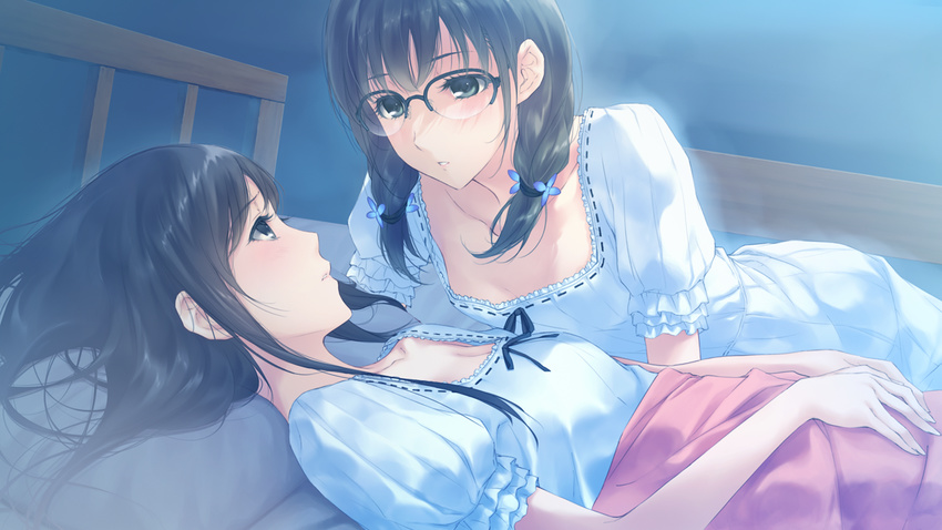 2girls bed black_eyes black_hair blush dress flowers_(game) game_cg glasses hanabishi_rikka innocent_grey long_hair shirahane_suou shoujo_ai sugina_miki twintails