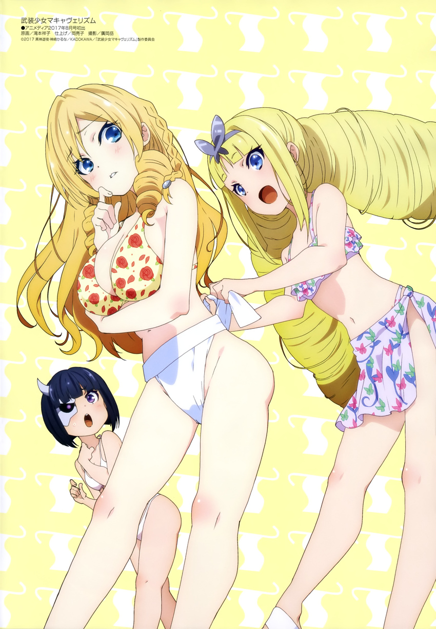 3girls :o absurdres ass bikini black_hair blonde_hair blue_eyes blush breasts busou_shoujo_machiavellism character_name chouka_u_baragasaki cleavage collarbone eyes_visible_through_hair frown fundoshi grey_hairband groin hairband highres horns japanese_clothes kikakujou_mary large_breasts leaning_forward mask megami_magazine multiple_girls navel official_art onigawara_rin open_mouth parted_lips purple_eyes sarong shiny_skin short_hair single_horn standing swimsuit takimoto_shouko twintails tying_fundoshi white_bikini