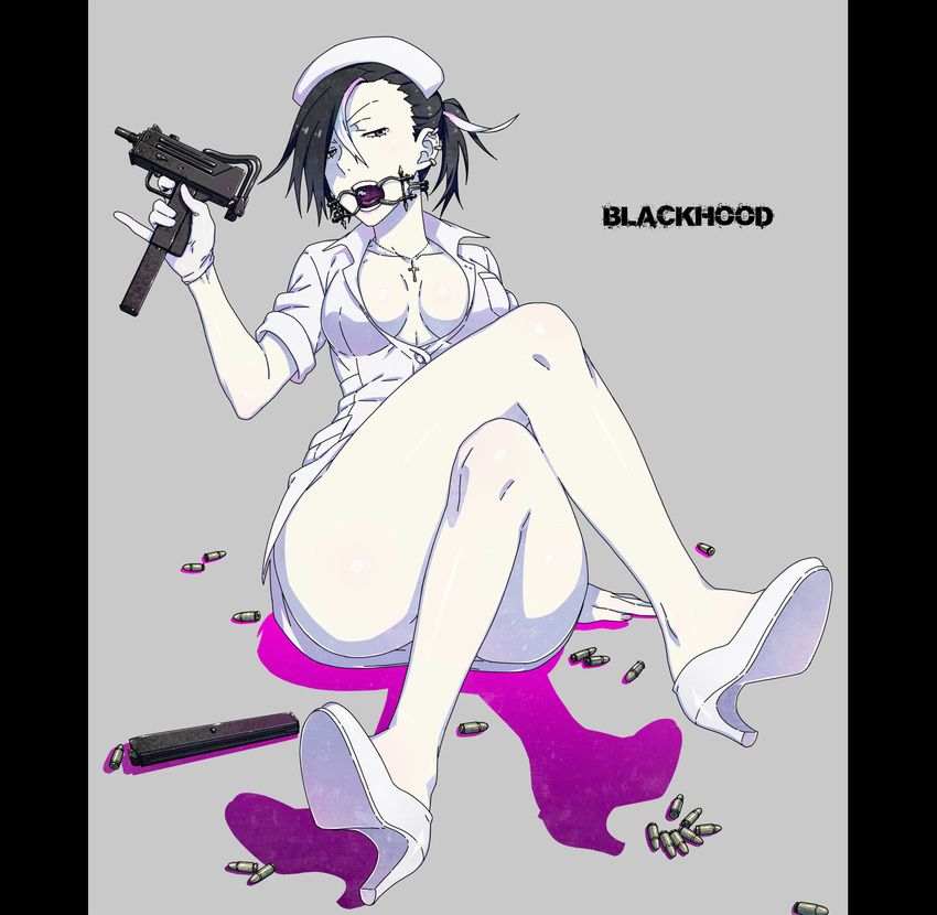 ammunition black_eyes black_hair bondage breasts bullet cartridge character_name cleavage commentary_request cross cross_necklace crossed_legs female full_body gag gagged gloves grey_background gun hat high_heels highres iwado_anna jewelry kamezaemon mac-10/11 magazine_(weapon) medium_breasts multicolored_hair necklace no_pants nurse nurse_cap original pillarboxed ponytail ring_gag sitting solo spider_gag streaked_hair submachine_gun two-tone_hair weapon white_gloves white_hair