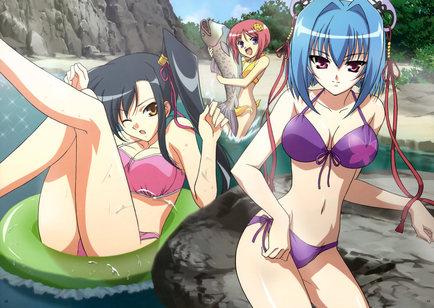 3girls absurdres bikini black_hair blue_hair breasts brown_eyes chouhi chouun cleavage cloud day detexted fish front-tie_top hair_ribbon hat highres hiratsuka_tomoya imageboard_desourced innertube kan'u_(koihime_musou) koihime_musou large_breasts long_hair multiple_girls navel non-web_source official_art outdoors ponytail purple_eyes red_hair ribbon short_hair side-tie_bikini_bottom sky swim_ring swimsuit third-party_edit untied very_long_hair wardrobe_malfunction water wet wince