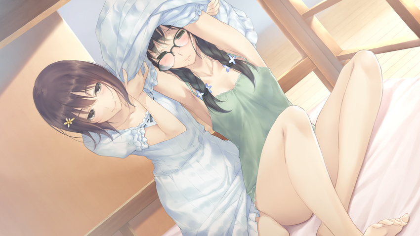 2girls arms_up ass barefoot bed black_eyes black_hair blush braid breasts brown_hair camisole dress feet flowers_(game) game_cg glasses hanabishi_rikka highres innocent_grey kousaka_mayuri legs long_hair multiple_girls nightgown pajamas short_hair sitting small_breasts smile sugina_miki thighs toes twin_braids twintails undressing yuri