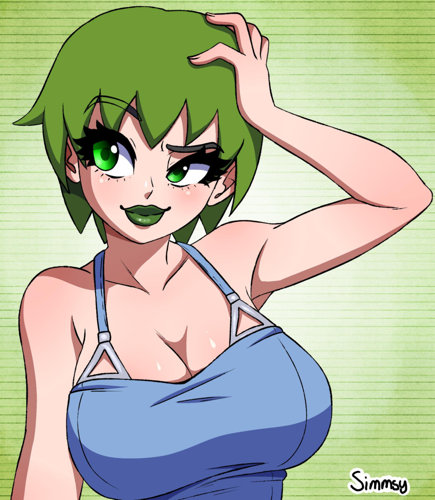 1girls big_breasts breasts cleavage foo_fighters green_eyes green_hair huge_breasts jojo's_bizarre_adventure lipstick short_hair shounen_jump simmsy solo stone_ocean