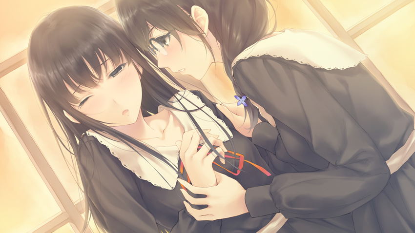 2girls black_eyes black_hair flowers_(game) game_cg hanabishi_rikka innocent_grey long_hair seifuku shirahane_suou shoujo_ai sugina_miki wink