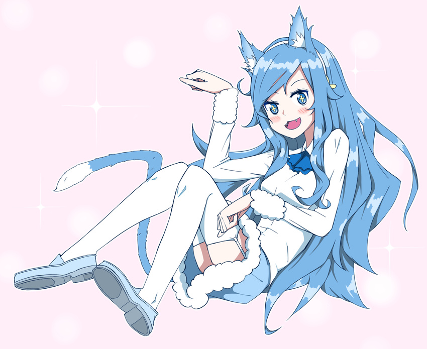 +_+ animal_ears ascot bad_id bad_pixiv_id blue_eyes blue_hair blue_tail blush cat_ears cat_tail eire_(sai_fuji) fangs female full_body fur_trim garter_straps highres himouto!_umaru-chan loafers long_hair long_sleeves looking_at_viewer open_mouth paw_pose pink_background shoe_soles shoes simple_background smile solo symbol-shaped_pupils tachibana_sylphynford tail thighhighs thighs very_long_hair white_thighhighs