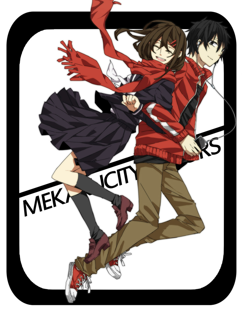 1boy black_eyes black_hair black_socks brown_hair cellphone closed_eyes commentary_request earphones enpera female fringe_trim hair_ornament hairclip highres jacket kagerou_project kisaragi_shintarou kneehighs long_hair phone red_scarf scarf school_uniform serafuku short_hair smartphone smile socks tateyama_ayano track_jacket usoyana