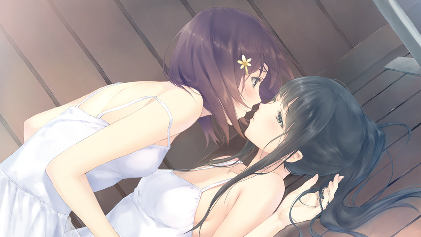 2girls bare_shoulders black_eyes black_hair blush breasts brown_hair dress eye_contact flowers_(game) flowers_(innocent_grey) game_cg highres incipient_kiss innocent_grey kousaka_mayuri long_hair looking_at_another lying multiple_girls ponytail shirahane_suou short_hair shoujo_ai small_breasts sugina_miki summer_dress wooden_floor yuri