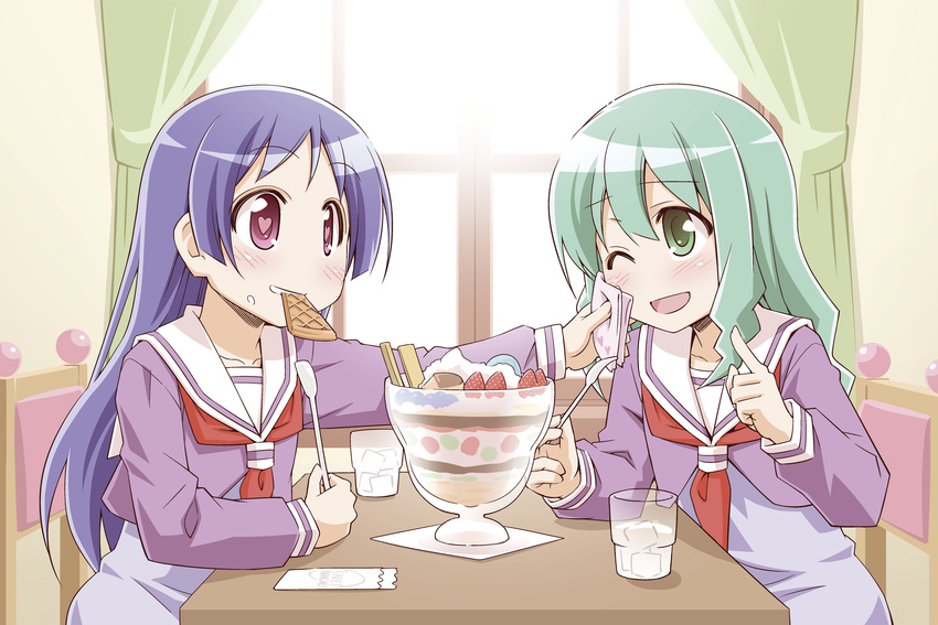 2girls ;d bad_id bad_pixiv_id blush burei_runa commentary_request curtains food food_in_mouth fruit glass green_eyes green_hair handkerchief heart heart-shaped_pupils highres ice ice_cube kohana_rin long_hair multiple_girls one_eye_closed open_mouth parfait pink_eyes purple_hair sayo_(sore_ga_seiyuu!) school_uniform serafuku sitting smile sore_ga_seiyuu! spoon strawberry symbol-shaped_pupils table waffle window wiping wiping_mouth