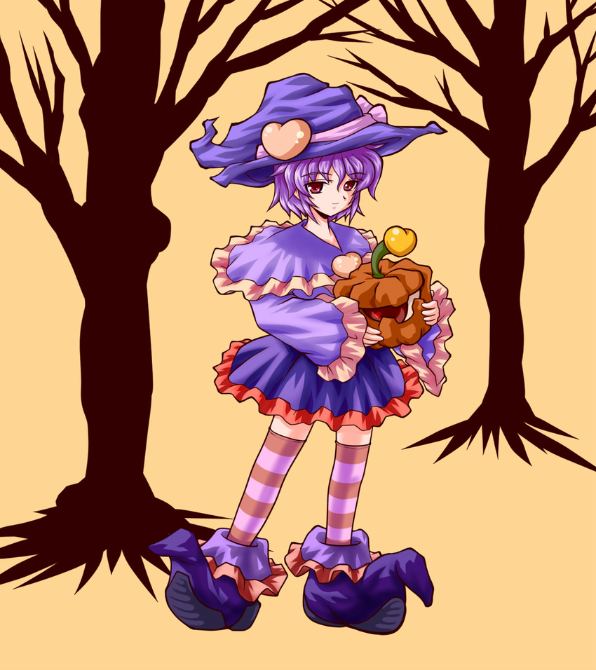 bare_tree capelet commentary_request costume female frills fue_(fuef) halloween hat hat_ribbon heart highres komeiji_satori large_shoes md5_mismatch multicolored_clothes multicolored_legwear pumpkin purple_hair red_eyes ribbon shoes short_hair sleeves_past_wrists solo striped_clothes striped_thighhighs thighhighs third_eye touhou tree witch_hat zettai_ryouiki