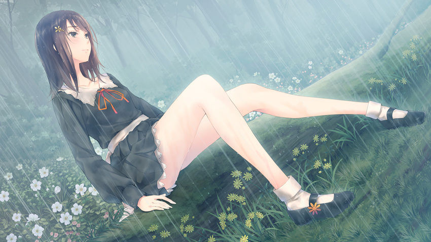 asymmetrical_bangs black_eyes bow breasts brown_hair female flat_chest flower flowers_(innocent_grey) fog forest game_cg hair_flower hair_ornament hairclip kousaka_mayuri legs log medium_hair miniskirt nature rain ribbon school_uniform shoes sitting skirt small_breasts socks solo sugina_miki thighs water wet wet_clothes