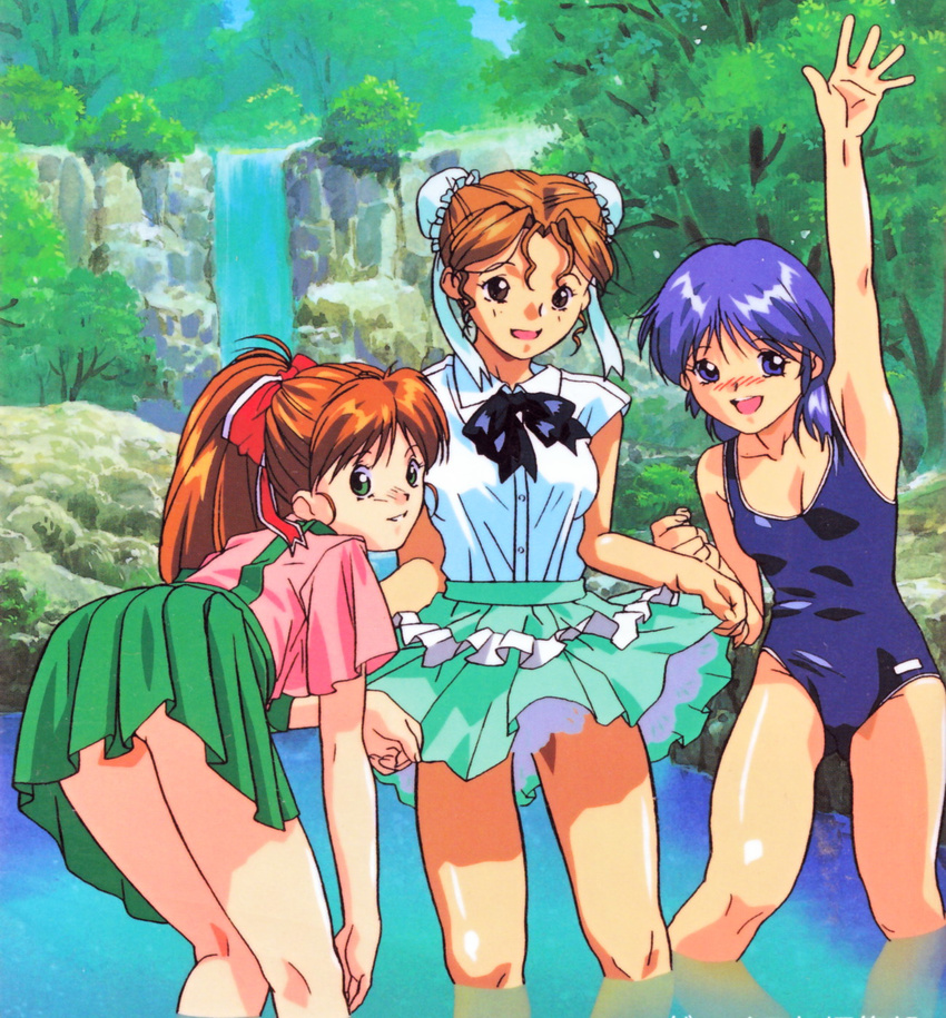 1990s_(style) 3girls arm_up bent_over blue_eyes blue_hair blue_one-piece_swimsuit blush brown_eyes brown_hair bun_cover day double_bun green_eyes hair_bun hayasaka_akira highres long_hair looking_at_viewer mana_(super_real_mahjong) multiple_girls nature nose_blush official_art one-piece_swimsuit open_mouth outdoors petticoat ponytail red_hair retro_artstyle river serizawa_kasumi short_hair short_sleeves skirt skirt_hold smile super_real_mahjong suspenders swimsuit tanaka_ryou wading water waterfall