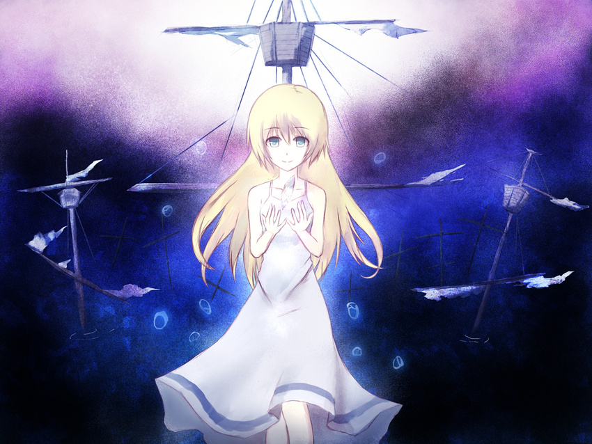 aria_benett blonde_hair blue_eyes crystal dress female final_fantasy final_fantasy_iii gradient gradient_background long_hair rice_(pixiv436521) ship solo