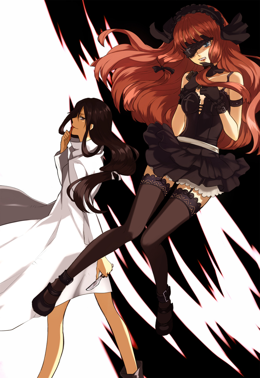 2girls bad_id bad_pixiv_id blue_eyes bow choker dress eyepatch finger_sucking floating grey_eyes grimace hair_ribbon hairband hairbow highres kijima_shizune lab_coat legs long_hair multiple_girls nanamura pamela_d_loscrime photoshop_(medium) red_hair ribbon scalpel tears thighhighs vamp! zettai_ryouiki