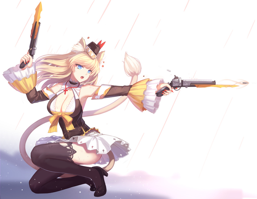 animal_ears blonde_hair blue_eyes breasts cleavage crimson_k_night gun original tail thighhighs weapon