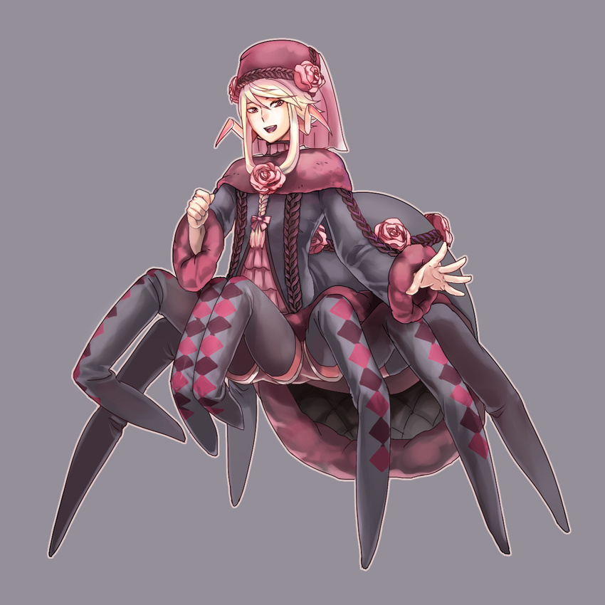 1boy androgynous arachne_boy argyle_clothes argyle_legwear arthropod_boy awii commentary_request flower hat highres male_focus monster_boy open_mouth original otoko_no_ko rose solo spider_boy taur white_hair