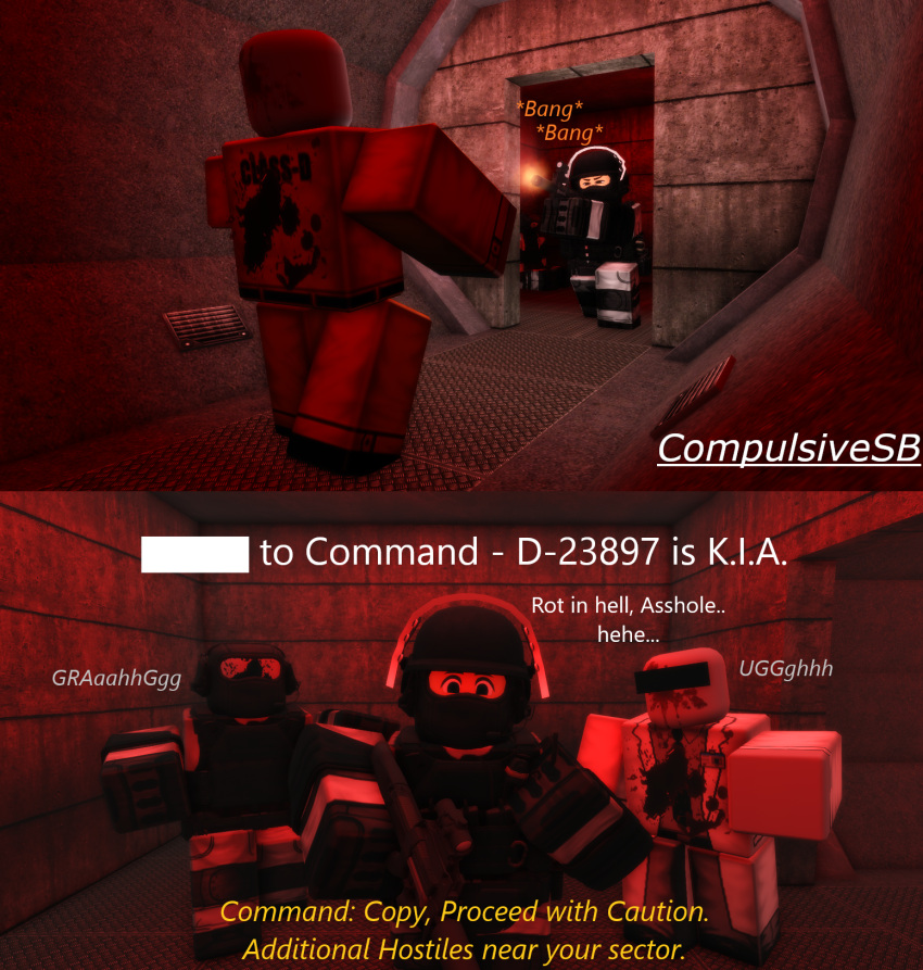 3d 4boys 4males artist_name asshole comic_panel compulsivesb corridor dialogue doctor english_text gun hallway imminent_rape infected military military_clothing military_uniform roblox robloxian scp_foundation scp_guard self_upload shooting tagme text weapon zombie