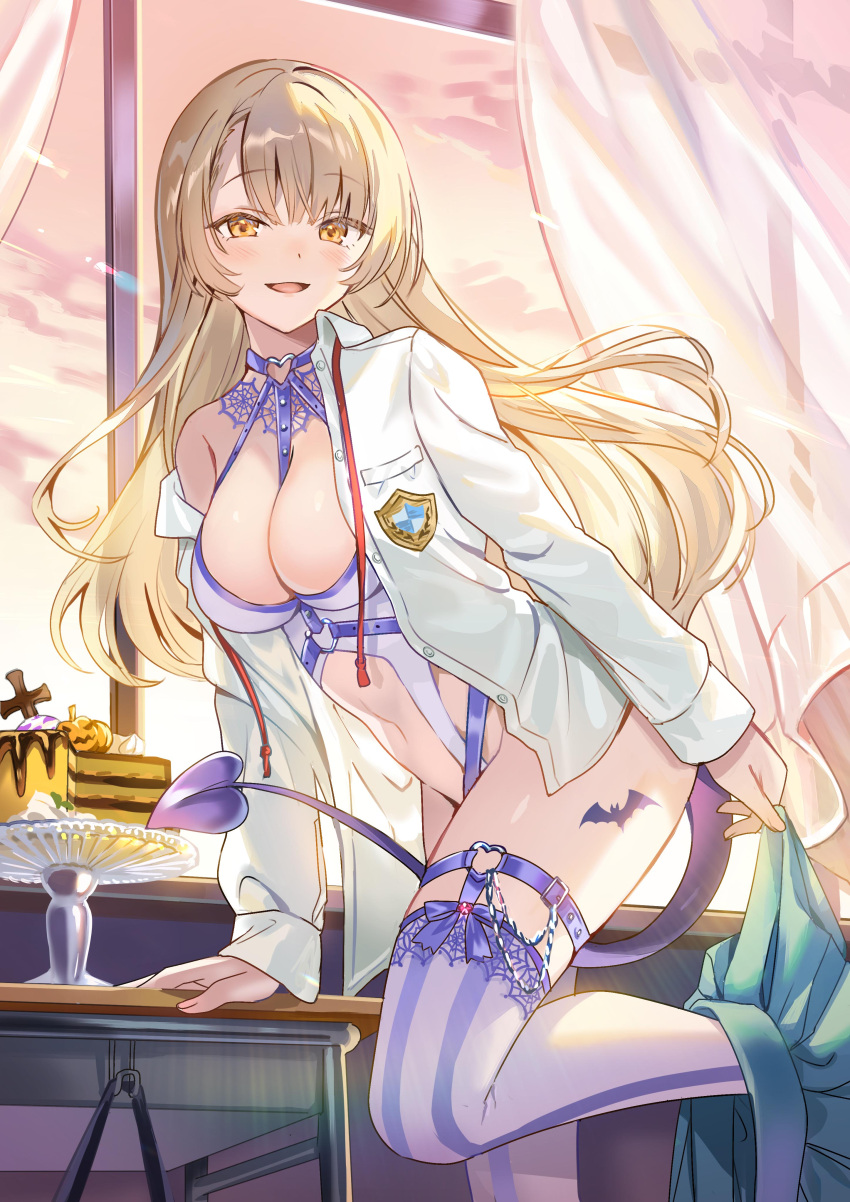 absurdres aisare_tenshi_na_classmate_ga_ore_ni_dake_itazura_ni_hohoemu aqua_skirt blonde_hair blunt_bangs blush cake collared_shirt cover cover_page curtains demon_tail desk dress_shirt female floating_hair food halloween heart_o-ring highres indoors long_hair long_sleeves looking_at_viewer novel_cover o-ring o-ring_legwear_garter o-ring_swimsuit official_art open_clothes open_mouth open_shirt pleated_skirt red_ribbon ribbon satomi_chika school_desk school_uniform second-party_source shirt sidelocks single_bare_shoulder skirt smile solo_focus standing standing_on_one_leg swimsuit tail tan_(tangent) tattoo thighhighs twilight undressing very_long_hair white_shirt yellow_eyes