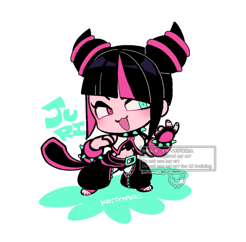 :3 black_hair black_pants blue_eyes blunt_bangs blush bracelet character_name chibi chibi_only choker cone_hair_bun female full_body hair_bun heterochromia highres jewelry juri_han kotorai looking_at_viewer multicolored_hair nail_polish navel open_mouth pants pink_hair simple_background solo spiked_bracelet spiked_choker spikes street_fighter toeless_footwear white_background