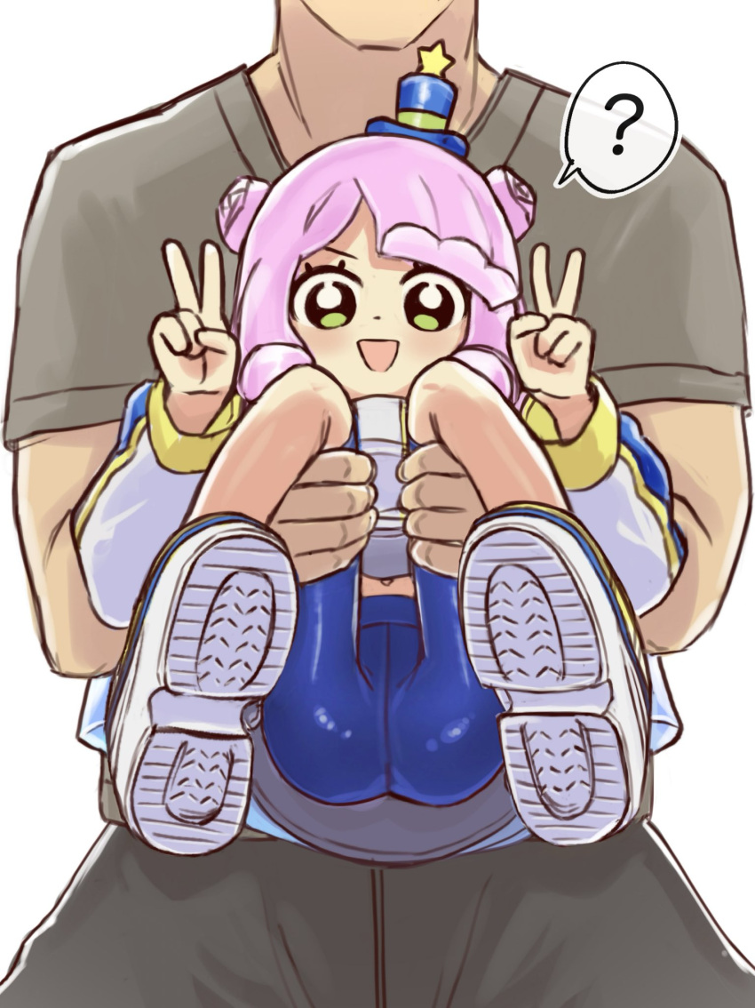 1boy ? ass bike_shorts blunt_bangs double_bun double_v female gradient_hair green_eyes hair_bun hat highres midriff_peek mini_hat mini_top_hat monster_girl multicolored_hair navel puniru_(puniru_wa_kawaii_slime) puniru_wa_kawaii_slime sabuakadeath simple_background slime_(substance) slime_girl spoken_question_mark top_hat v white_background