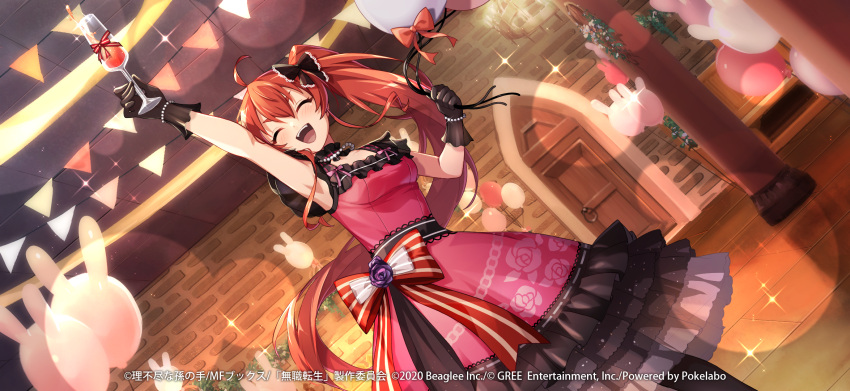 ahoge artist_request balloon black_bow black_gloves bow breasts bunting champagne_flute closed_eyes copyright_notice cup door dress drinking_glass eris_greyrat female floral_print frilled_dress frills gloves hairbow highres holding holding_cup jewelry long_hair mushoku_tensei mushoku_tensei:_game_ni_nattemo_honki_dasu necklace official_art open_mouth pearl_necklace pink_dress ponytail rabbit_balloon red_bow red_hair rose_print sleeveless sleeveless_dress solo