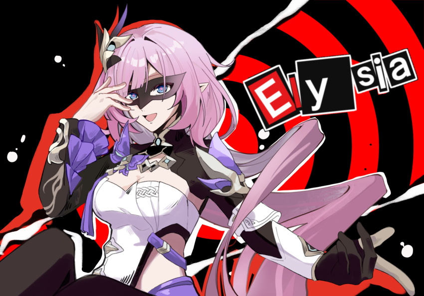 amamiya_ren amamiya_ren_(cosplay) black_background black_gloves blue_eyes breasts character_name chinese_commentary cleavage clothing_cutout commentary_request corset cosplay elf elysia_(honkai_impact) elysia_(miss_pink_elf)_(honkai_impact) eye_mask faber_fubei female gloves hair_ornament highres honkai_(series) honkai_impact_3rd large_breasts long_hair open_mouth parody persona persona_5 pink_hair pointy_ears side_cutout single_glove solo white_corset