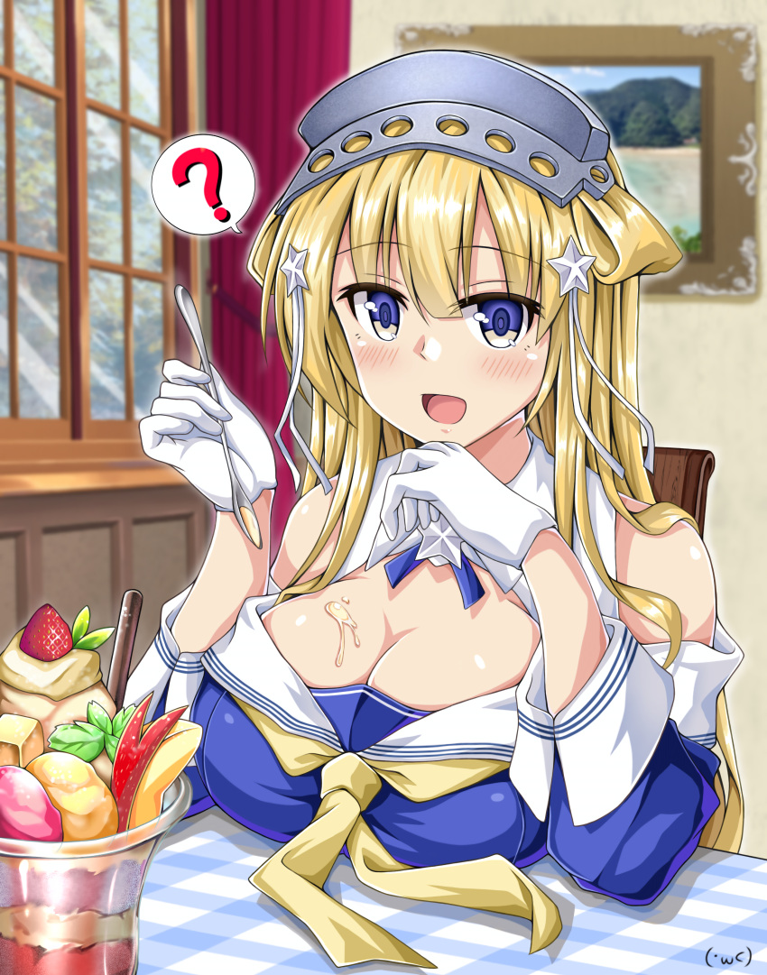 ? absurdres blonde_hair blue_eyes blue_shirt breasts cleavage double_bun female fletcher_(kancolle) food_on_body food_on_breasts hair_bun hair_ornament hairband highres holding holding_spoon indoors kantai_collection koutetunamekuji large_breasts long_hair looking_at_viewer neckerchief open_mouth sailor_collar school_uniform serafuku shirt solo speech_bubble spoken_question_mark spoon star_(symbol) star_hair_ornament white_sailor_collar yellow_neckerchief