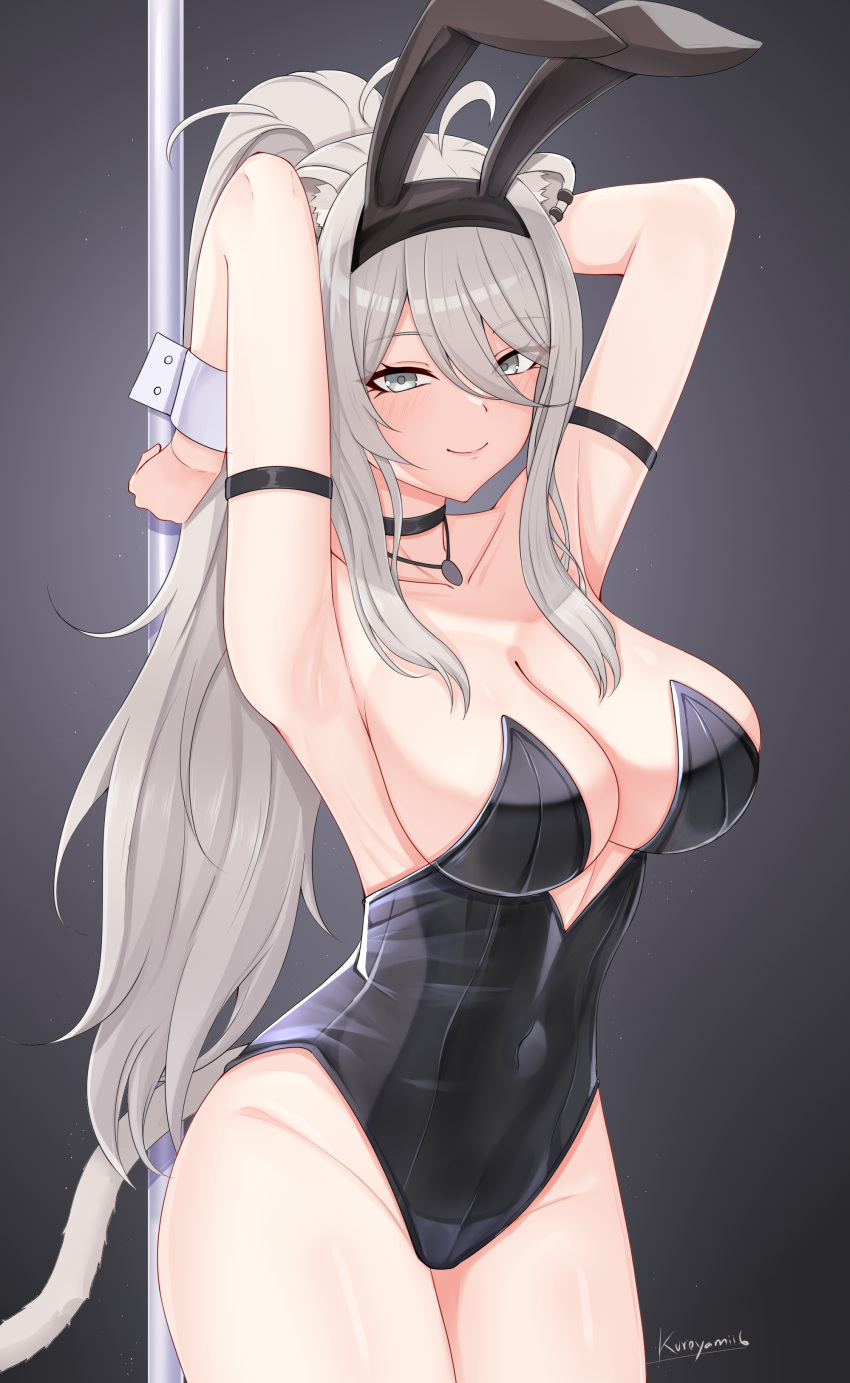 absurdres animal_ears arm_strap black_choker black_leotard breasts choker fake_animal_ears female grey_eyes grey_hair highres hololive jewelry kuroyamii large_breasts leotard lion_ears lion_girl lion_tail long_hair looking_at_viewer necklace playboy_bunny pole rabbit_ears shishiro_botan simple_background solo stripper_pole tail virtual_youtuber wrist_cuffs