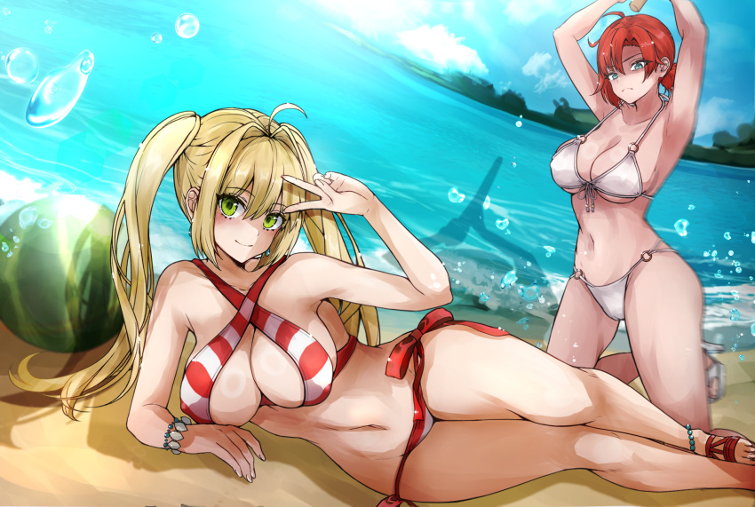 2girls ahoge arms_up bare_shoulders beach bead_bracelet beads bikini blonde_hair blush boudica_(fate) bracelet breasts cleavage collarbone commission criss-cross_halter fate/grand_order fate_(series) green_eyes hair_intakes halterneck highres jewelry large_breasts long_hair looking_at_viewer multiple_girls navel nero_claudius_(fate) nero_claudius_(swimsuit_caster)_(fate) o-ring red_bikini red_hair satou_nui short_hair short_ponytail skeb_commission smile striped_bikini striped_clothes swimsuit thighs twintails white_bikini