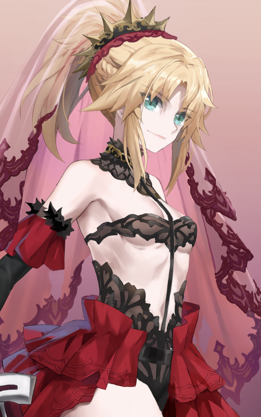 bare_shoulders blonde_hair braid breasts commentary_request fate/apocrypha fate_(series) female green_eyes hair_ornament highres long_hair looking_at_viewer mordred_(fate) mordred_(fate/apocrypha) navel parted_bangs ponytail red_skirt showgirl_skirt sidelocks skirt small_breasts smile solo tonee variant_set veil