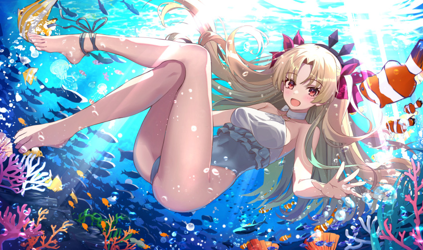 bare_shoulders barefoot blonde_hair bow breasts ereshkigal_(fate) fate/grand_order fate_(series) female fish grey_one-piece_swimsuit hairband hairbow highres long_hair looking_at_viewer medium_breasts neko_daruma o-ring ocean one-piece_swimsuit parted_bangs red_eyes solo space_ereshkigal_(fate) space_ereshkigal_(first_ascension)_(fate) swimsuit two-tone_swimsuit two_side_up underwater white_one-piece_swimsuit