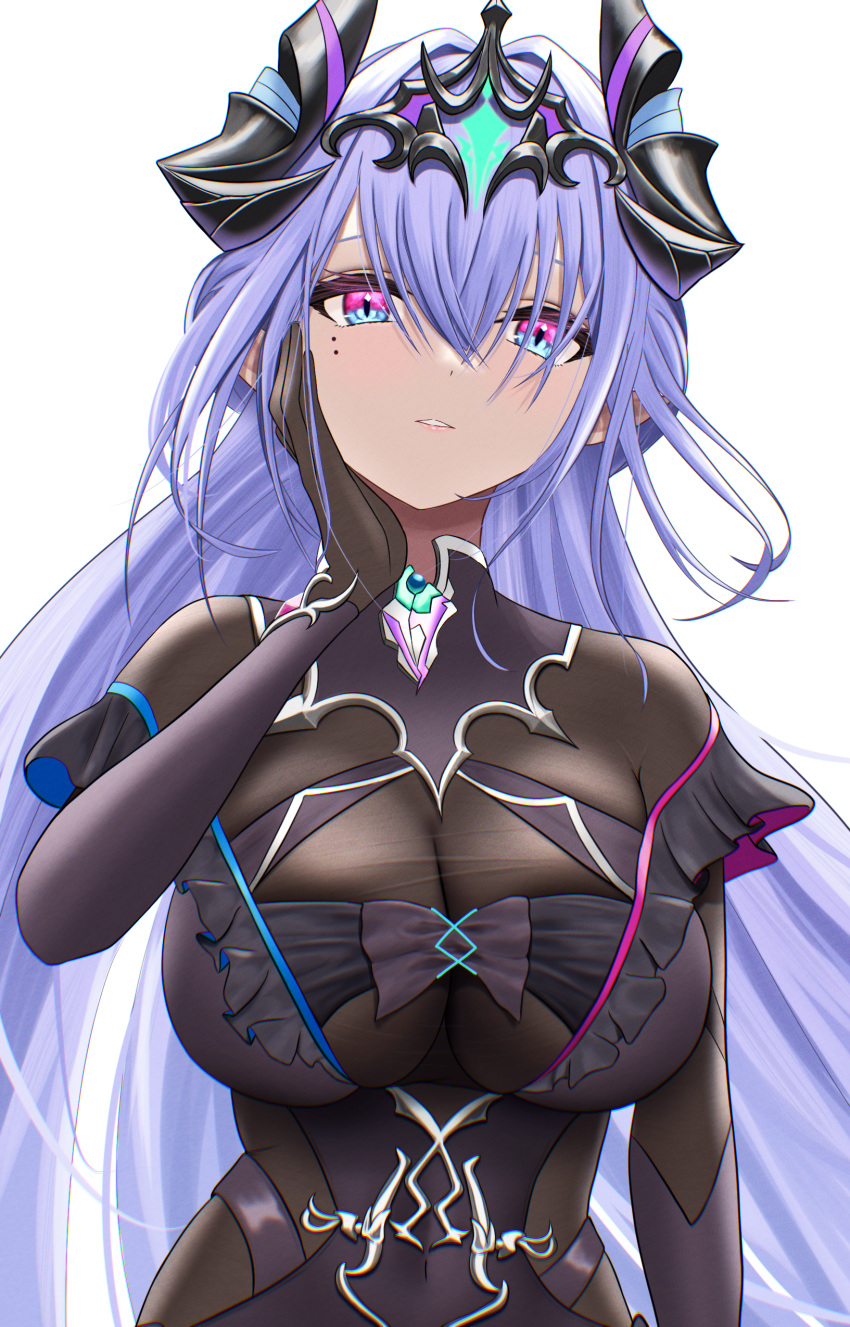 absurdres blue_eyes bodysuit breasts cleavage dragon_girl dragon_horns female highres horns large_breasts long_hair looking_at_viewer multicolored_eyes official_alternate_costume purple_hair sawtooth see-through_cleavage see-through_clothes sheworu_nahatomujiku shironeko_project simple_background solo white_background