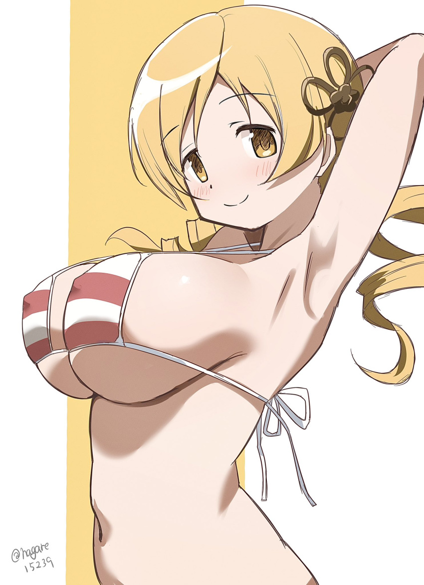 arm_behind_head bikini blonde_hair blush breasts covered_nipples drill_hair female hair_ornament hairpin highres huge_breasts long_hair mahou_shoujo_madoka_magica mahou_shoujo_madoka_magica_(anime) nagare_(flow) navel smile solo striped_bikini striped_clothes swimsuit tomoe_mami twin_drills twintails yellow_eyes