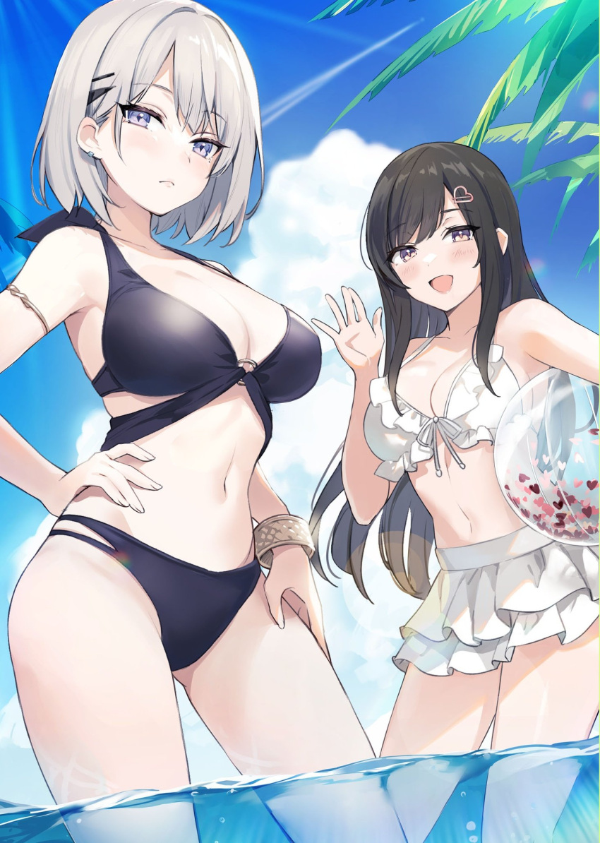 :d armlet ball beachball bikini black_bikini black_hair blue_eyes bracelet character_request cloud frilled_bikini frills hair_ornament heart heart_hair_ornament highres holding holding_ball holding_beachball jewelry long_hair monoto o-ring o-ring_top ocean official_art osananajimi-tachi_ga_ninki_idol_ni_natta_~amaamana_kanojotachi_wa_ore_ni_mitsuide_kurete_iru~ purple_eyes second-party_source smile swimsuit transparent_beachball tree white_bikini white_hair