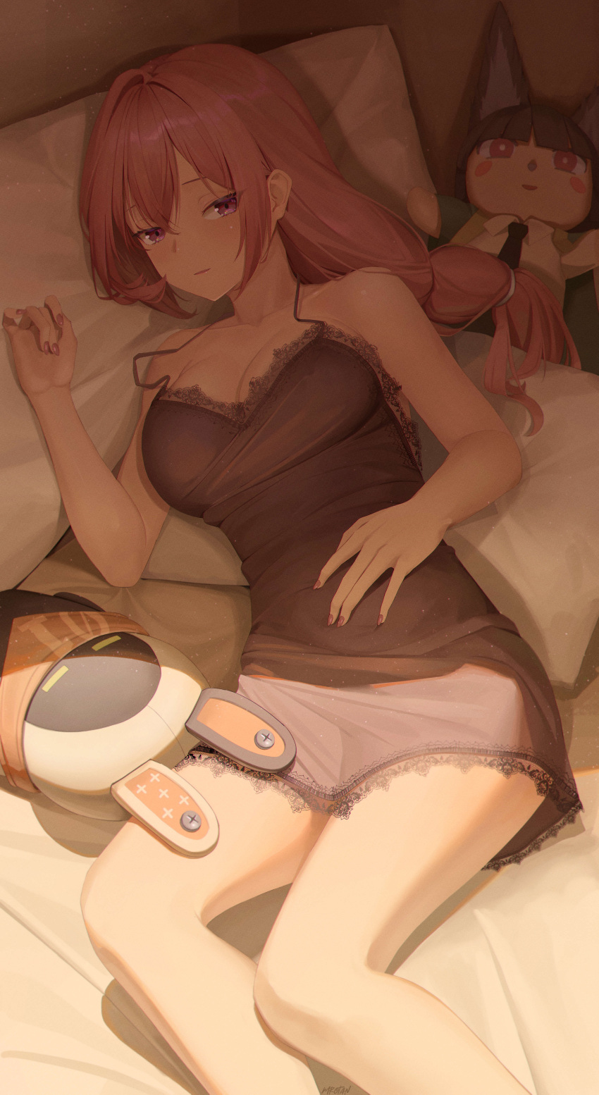 absurdres bangboo_(zenless_zone_zero) bed_sheet breasts cleavage collarbone cowboy_shot eous_(zenless_zone_zero) female fingernails hair_between_eyes highres hoshimi_miyabi indoors large_breasts light_blush long_hair looking_at_viewer lying mrotan nail_polish on_back on_bed parted_lips pillow pink_eyes pink_hair pink_nails sidelocks sleeveless solo stuffed_toy tsukishiro_yanagi zenless_zone_zero