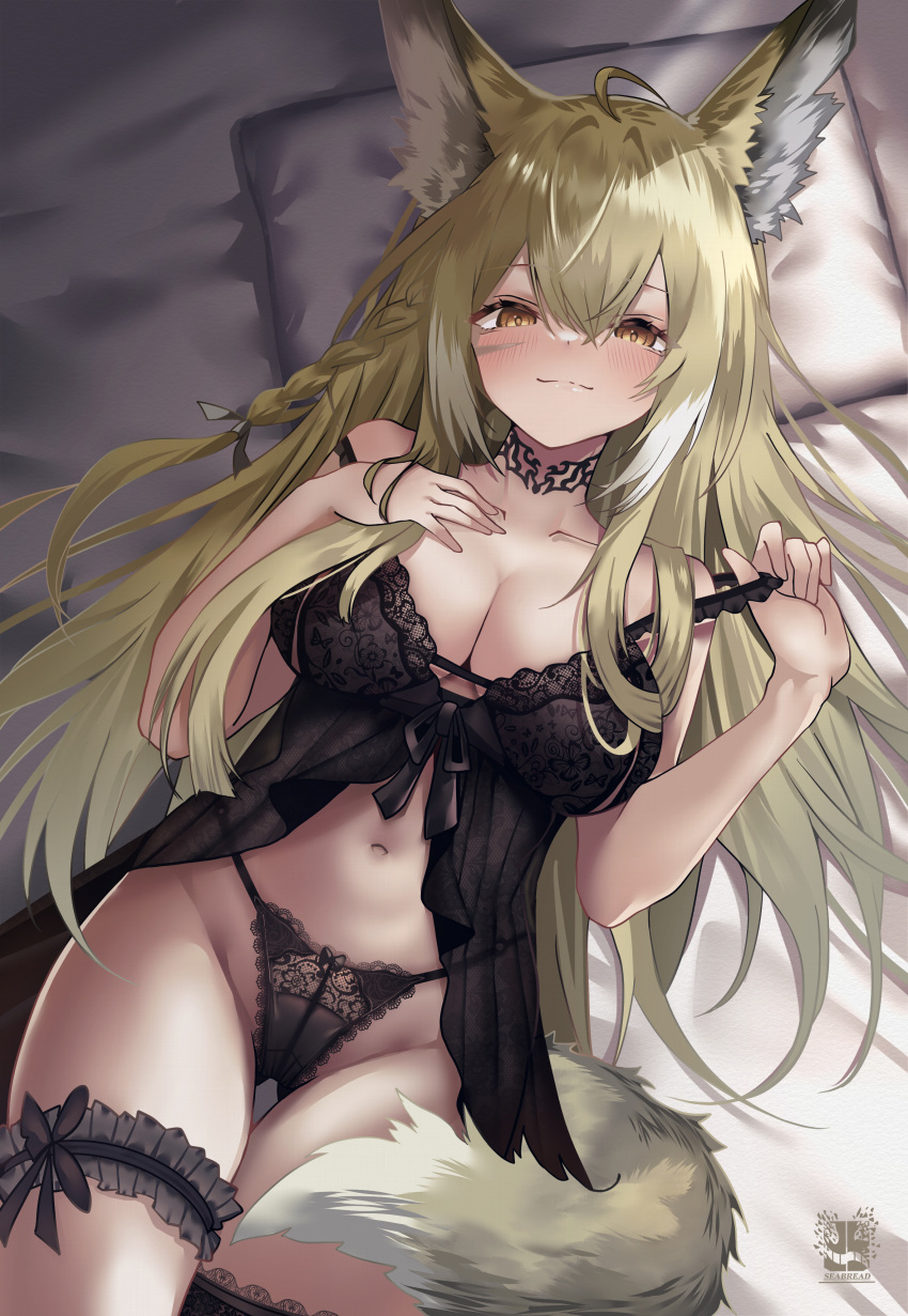 absurdres ahoge animal_ear_fluff animal_ears arknights babydoll bare_shoulders black_panties blonde_hair blush breasts bridal_garter cleavage closed_mouth commentary cowboy_shot female frills hair_between_eyes head_on_pillow highres lace_trim large_breasts lingerie long_hair looking_at_viewer lying multicolored_hair navel on_back panties pillow seabread smile solo strap_pull streaked_hair tail underwear underwear_only vulpisfoglia_(arknights) white_hair yellow_eyes