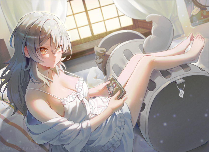 absurdres breasts cellphone cleavage closed_mouth dress female grey_hair highres holding holding_phone honkai:_star_rail honkai_(series) indoors jacket jyon_(xrmn8737) long_hair open_clothes open_jacket phone pom-pom_(honkai:_star_rail) sitting sleeveless sleeveless_dress smartphone solo stelle_(honkai:_star_rail) trailblazer_(honkai:_star_rail) white_dress yellow_eyes