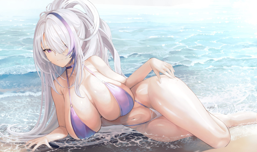 azur_lane bare_arms bare_legs beach bikini breasts closed_mouth eyes_visible_through_hair female hair_over_one_eye highleg highleg_bikini highres large_breasts long_hair lying multicolored_hair navel ocean on_side purple_bikini purple_eyes purple_hair solo streaked_hair swimsuit unzen_(azur_lane) unzen_(sojourn_through_clear_seas)_(azur_lane) white_hair yusha_m