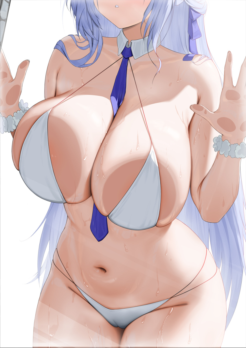 absurdres against_glass alsace_(azur_lane) alsace_(heat_beating_summer_sacrament)_(azur_lane) azur_lane between_breasts bikini blue_necktie blush breast_press breasts breasts_on_glass female hand_on_glass head_out_of_frame highres huge_breasts long_hair navel necktie necktie_between_breasts ningri_(lianyungangwyz) official_alternate_costume simple_background solo stomach swimsuit very_long_hair wet white_background white_bikini