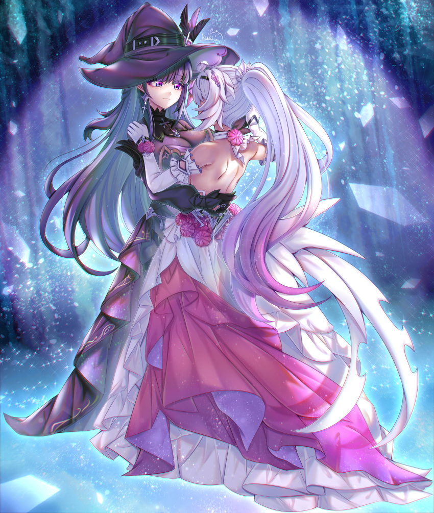 2girls absurdres back breasts cutescookie dancing dress earrings hand_on_another's_back hat highres honkai_(series) honkai_impact_3rd jewelry kiana_kaslana kiana_kaslana_(herrscher_of_finality) large_breasts long_hair looking_at_another multicolored_hair multiple_girls official_alternate_costume ponytail purple_dress purple_hair raiden_mei raiden_mei_(apho) spotlight two-tone_hair white_dress white_hair witch_hat yuri