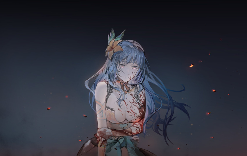 blood blood_on_clothes blood_on_face blood_on_hands blood_splatter blood_stain blue_hair breasts cleavage dress female flower hair_flower hair_ornament highres large_breasts long_hair red_eyes riio rocbouquet_(saga) romancing_saga_2 saga solo