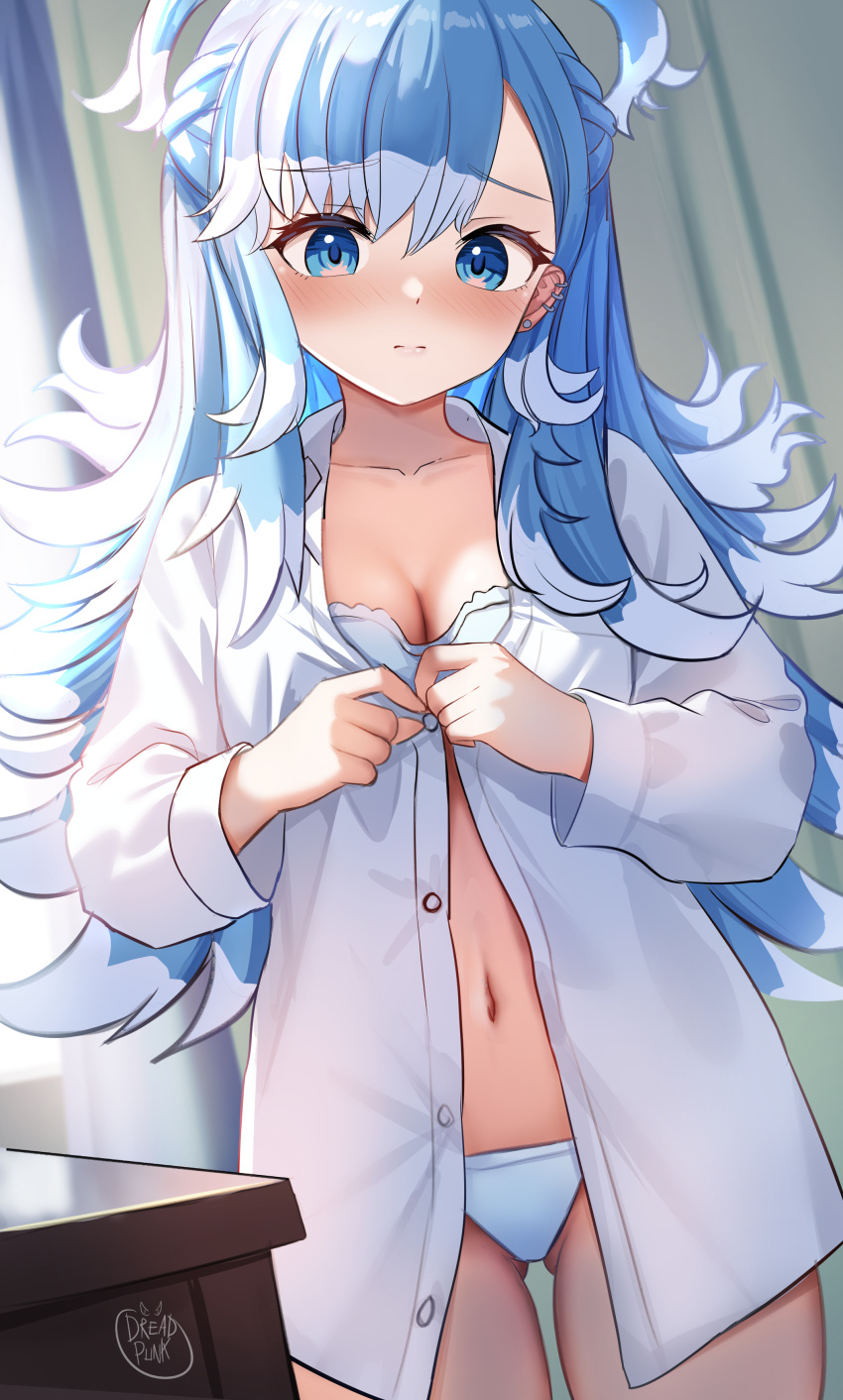 absurdres antenna_hair blue_bra blue_eyes blue_hair blush bra breasts cleavage collarbone dreadpunk earrings female highres hololive hololive_indonesia indoors jewelry kobo_kanaeru long_hair looking_at_viewer navel nervous small_breasts solo unbuttoned unbuttoned_shirt unbuttoning underwear white_hair wind