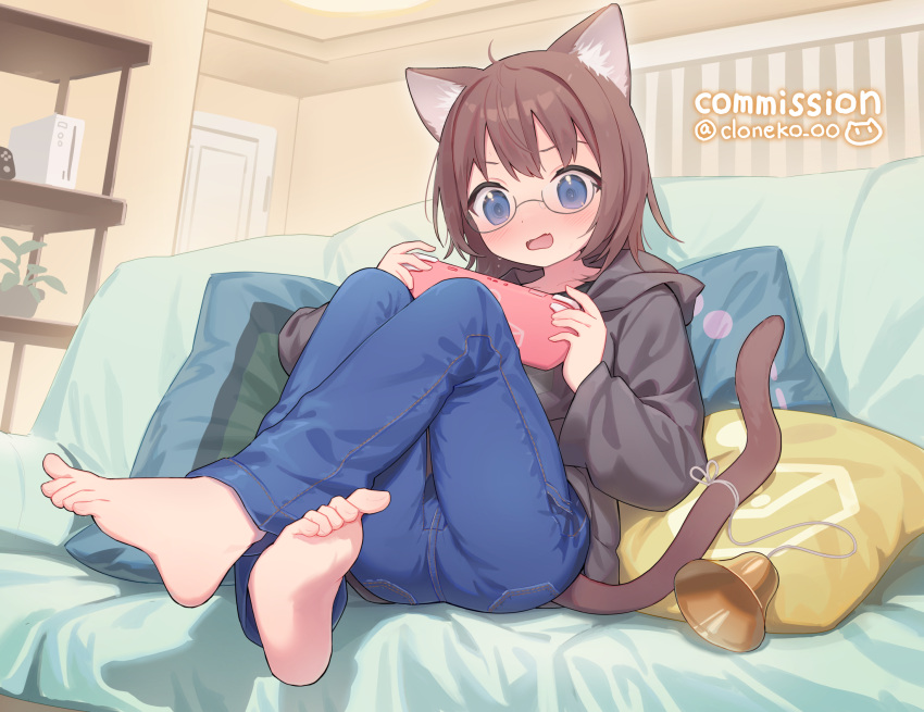 animal_ears artist_name barefoot bell black_jacket blue_eyes blue_pants blush brown_hair cat_ears cat_girl cat_tail cloneko_(zelmeledf2) commentary_request commission denim female full_body glasses handheld_game_console have_to_pee highres holding holding_handheld_game_console indoors jacket jeans long_sleeves oerba_yun_fang open_mouth original pants playing_games signature sitting skeb_commission skin_fang soles solo tail tail_bell tail_ornament toes variant_set