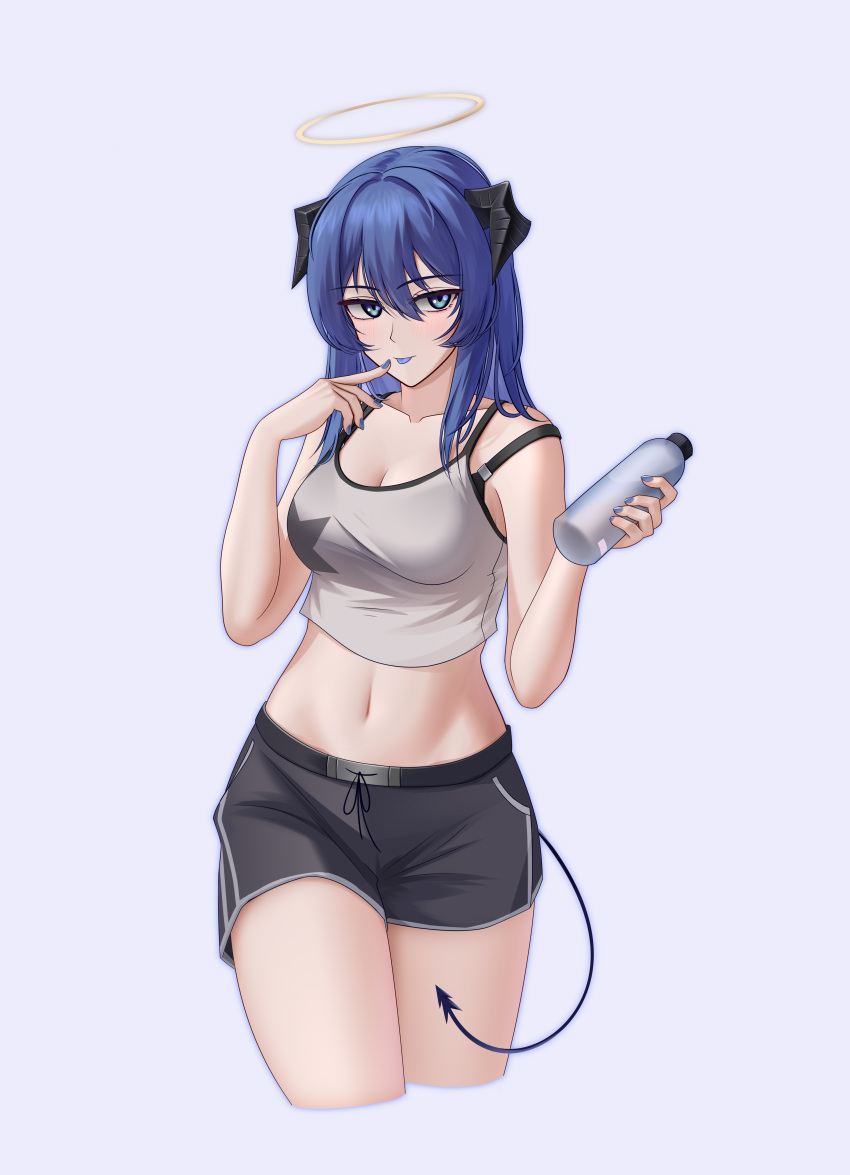 :p absurdres alter_kamerade arknights black_shorts blue_eyes blue_hair blue_tongue bottle breasts camisole chinese_commentary cleavage collarbone colored_tongue commentary_request crop_top cropped_legs drink female finger_to_cheek grey_camisole hair_between_eyes hair_intakes halo highres holding holding_bottle holding_drink light_blush looking_at_viewer medium_breasts medium_hair midriff mostima_(arknights) navel partial_commentary purple_background short_shorts shorts simple_background solo standing tail tongue tongue_out yellow_halo