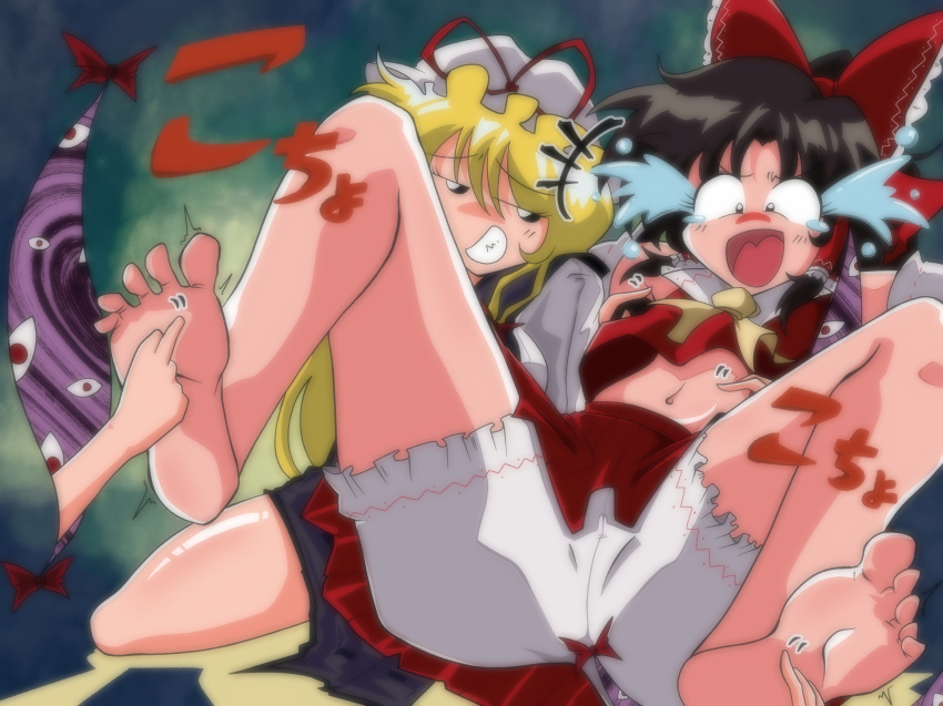 1990s_(style) 2girls bare_shoulders black_hair blonde_hair bloomers bow detached_sleeves gap_(touhou) hakurei_reimu hat highres long_hair medium_hair miwijag1997 mob_cap multiple_girls navel purple_tabard red_bow red_shirt retro_artstyle shirt tabard tickling tickling_feet touhou yakumo_yukari