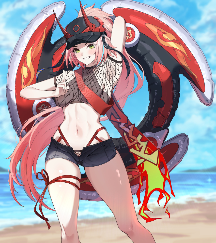 absurdres arm_up armpits baseball_cap beach black_hat black_shorts blue_sky breasts cropped_shirt female fishnet_top fishnets green_eyes grey_sports_bra grin hat highres honkai:_star_rail honkai_(series) horned_hat innertube large_breasts long_hair looking_at_viewer navel pink_hair rappa_(honkai:_star_rail) sash shirotategosha shore short_shorts short_sleeves shorts sky smile sports_bra swim_ring