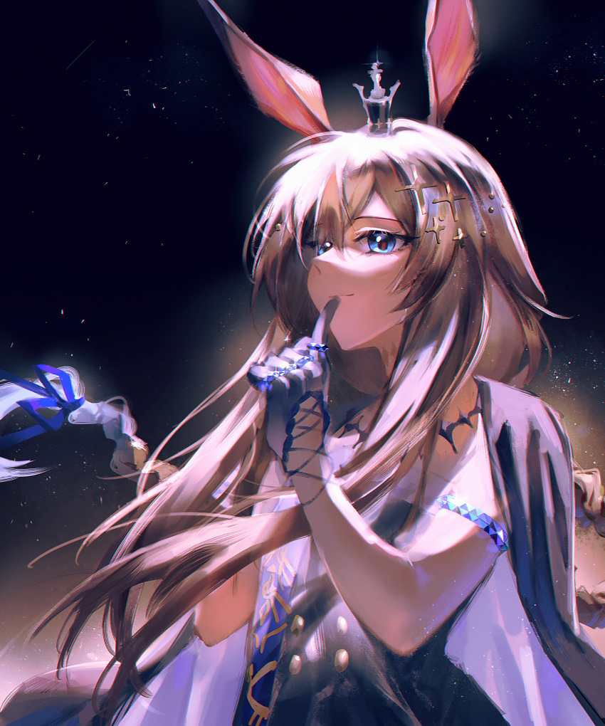 ambience_synesthesia amiya_(ambience_synesthesia_2024)_(arknights) amiya_(arknights) animal_ears arknights armlet black_cape black_dress black_gloves blue_eyes brown_hair cape closed_mouth commentary_request dress female finger_to_mouth gloves hair_between_eyes hair_ornament half_gloves hand_up highres index_finger_raised jewelry light_smile lofter_username long_hair rabbit_ears rabbit_girl revision ring simk_(sumiqiao77) solo star_(sky) upper_body watermark