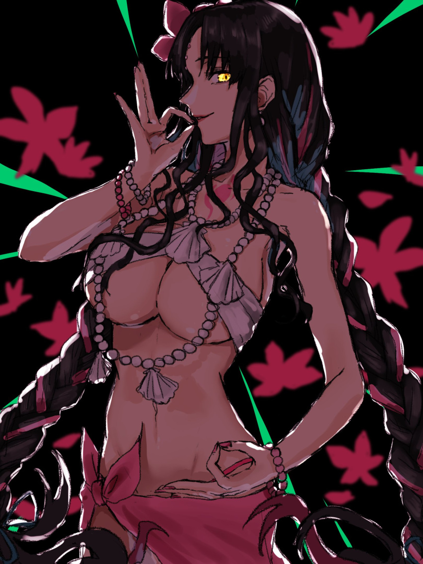 bikini black_background black_hair blue_ribbon bracelet braid breasts chest_tattoo commentary cowboy_shot earrings facial_mark fate/grand_order fate_(series) female flower forehead_mark glowing glowing_eyes grin hair_flower hair_ornament hair_ribbon highres jewelry kurokawa_(buraeku) large_breasts long_hair looking_at_viewer mudra multicolored_hair nail_polish navel necklace pearl_bracelet pearl_earrings pearl_necklace pink_flower pink_hair pink_nails pink_sarong profile ribbon sarong sessyoin_kiara sessyoin_kiara_(swimsuit_mooncancer) sessyoin_kiara_(swimsuit_mooncancer)_(first_ascension) shell shell_necklace sidelocks smile solo streaked_hair swimsuit tattoo twin_braids very_long_hair vitarka_mudra white_bikini yellow_eyes