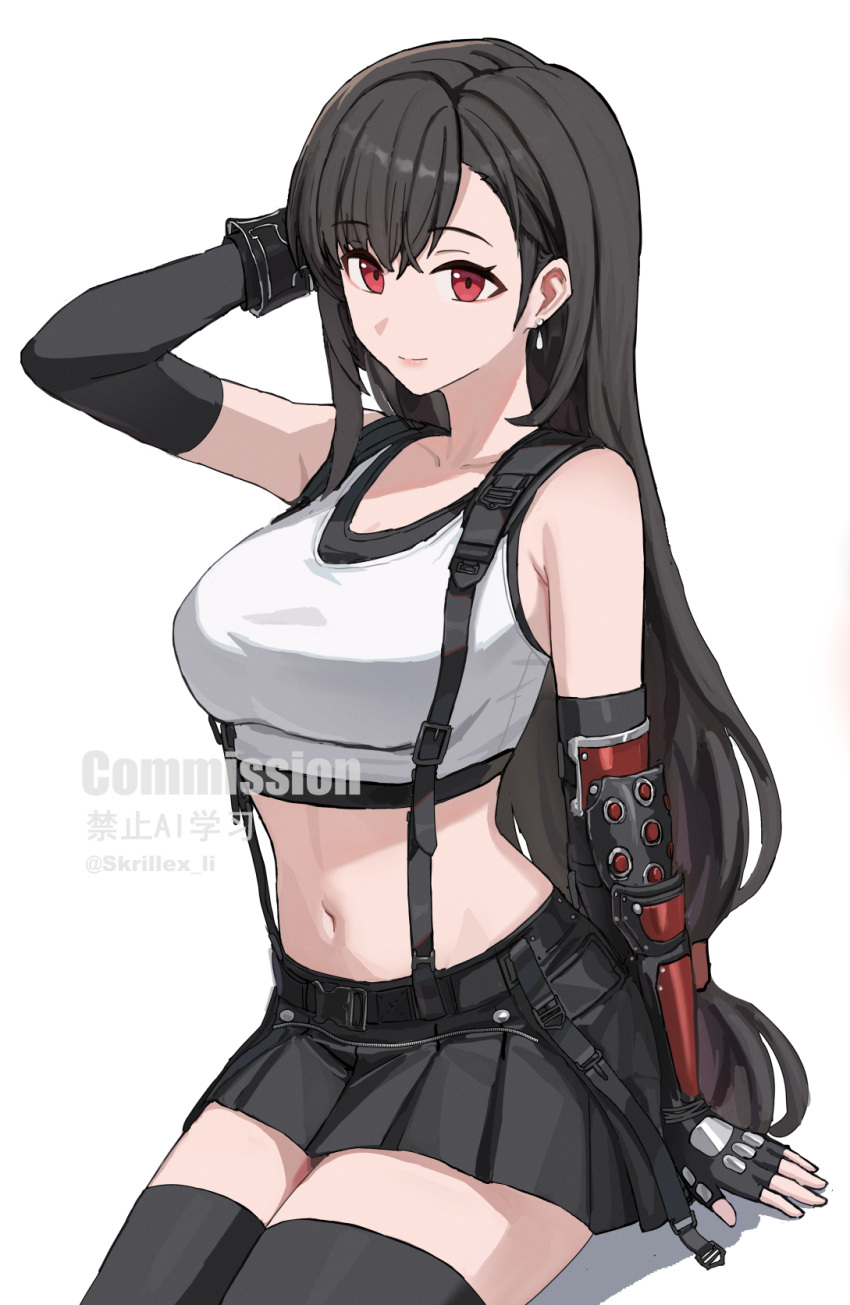 black_hair black_thighhighs breasts earrings elbow_gloves female final_fantasy final_fantasy_vii gloves highres jewelry looking_at_viewer purple_z red_eyes simple_background smile thighhighs tifa_lockhart white_background