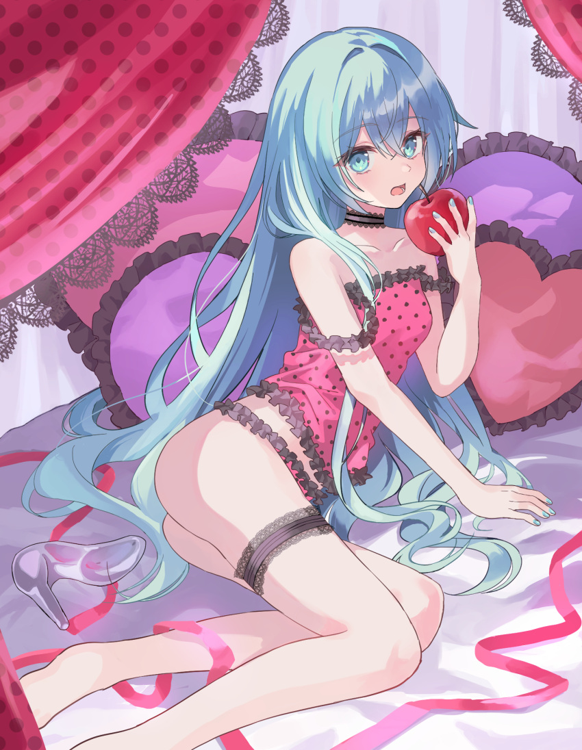 apple ass barefoot blue_eyes blue_hair breasts camisole choker commentary_request curtains female food frilled_camisole frilled_panties frills fruit glass_slipper hair_down hatsune_miku heart heart-shaped_pillow high_heels highres holding holding_food holding_fruit imminent_bite lace lace_choker long_hair lying nail_polish on_side ozblpnt panties pillow ribbon romeo_to_cinderella_(vocaloid) shoes small_breasts solo strap_slip thigh_strap underwear unworn_shoes very_long_hair vocaloid